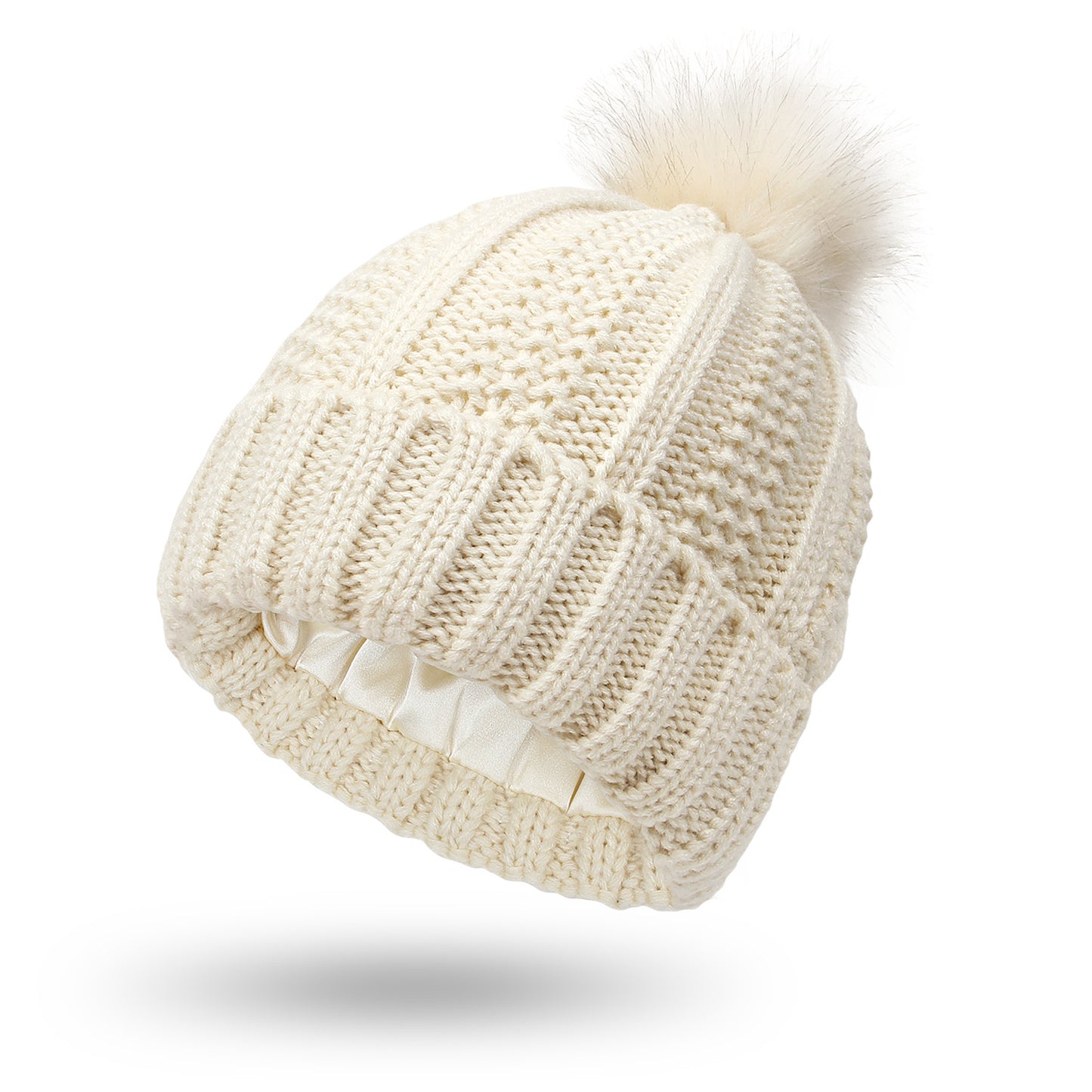 Fabulous Fur Fiesta: Stylish Stretchy Satin Hats with Skull Knit and Faux Fur Pom Pom for Women