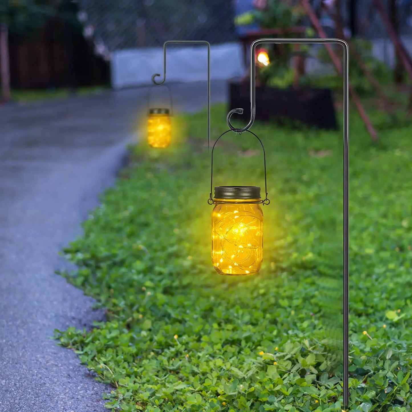 Let There Be Light! 4-Piece Adjustable Outdoor Garden Hooks & 4-Piece LED Jar Light Set for Magical Outdoor Illumination