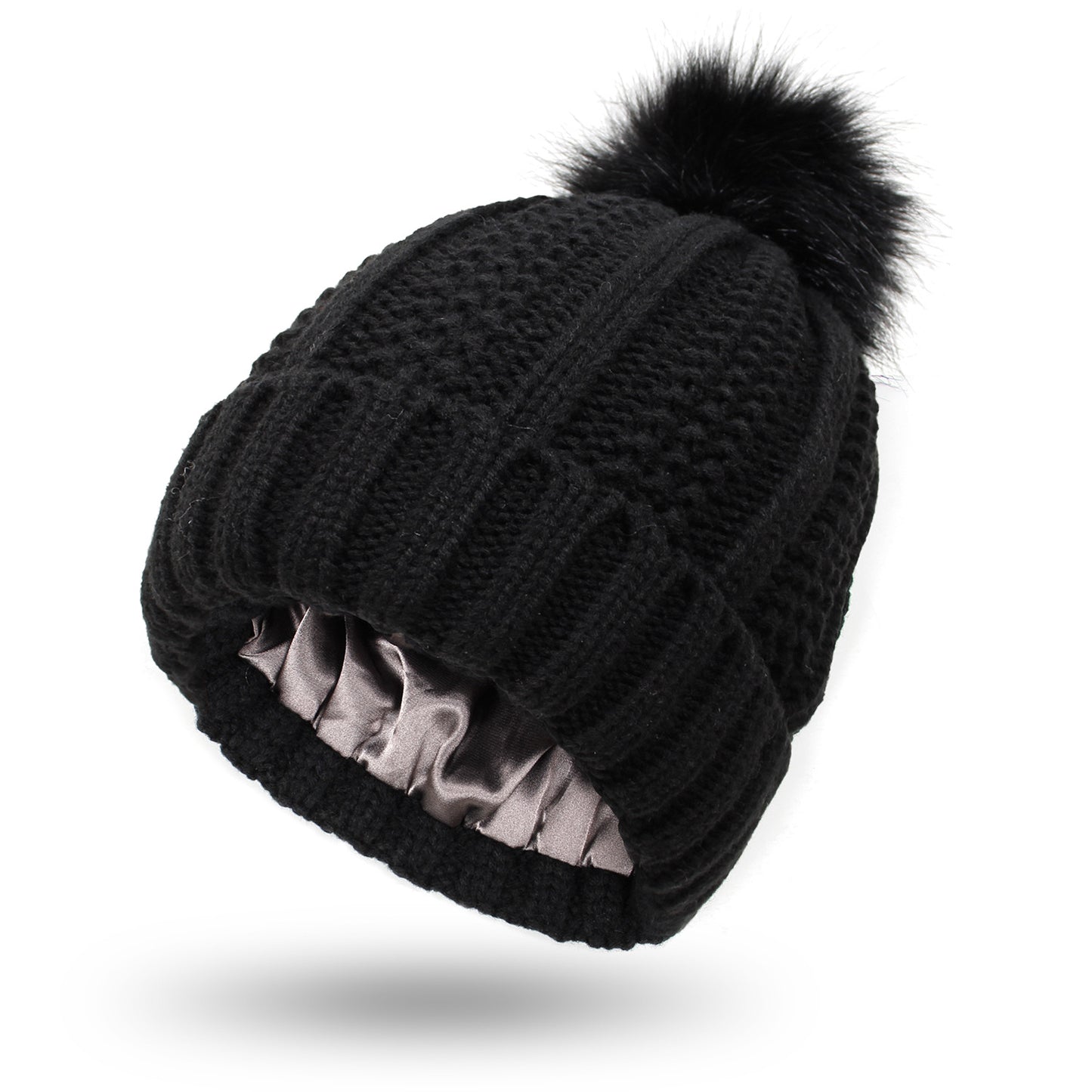 Fabulous Fur Fiesta: Stylish Stretchy Satin Hats with Skull Knit and Faux Fur Pom Pom for Women